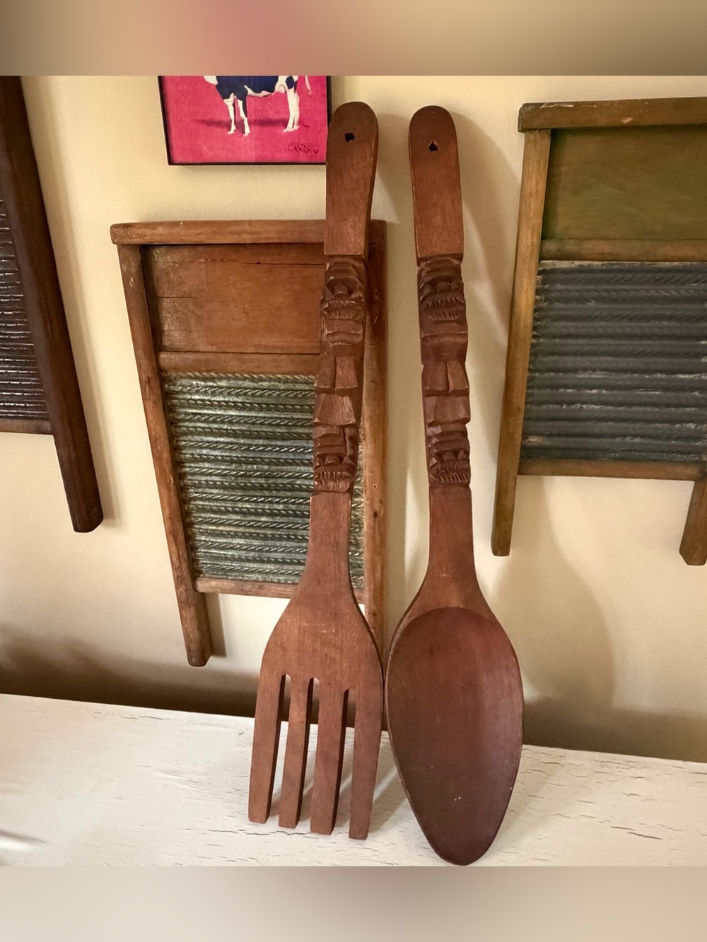 Vintage Mid-Century Modern Tiki Totem Hand Carved Wooden Fork & Spoon❤️